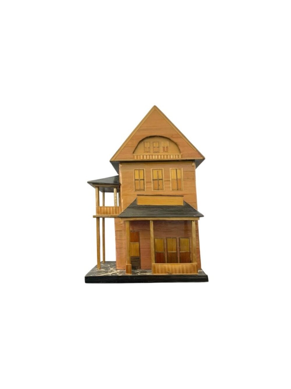 Victorian House Miniature Wood and Wheat Straw Marquetry Vintage Folk Art Decor